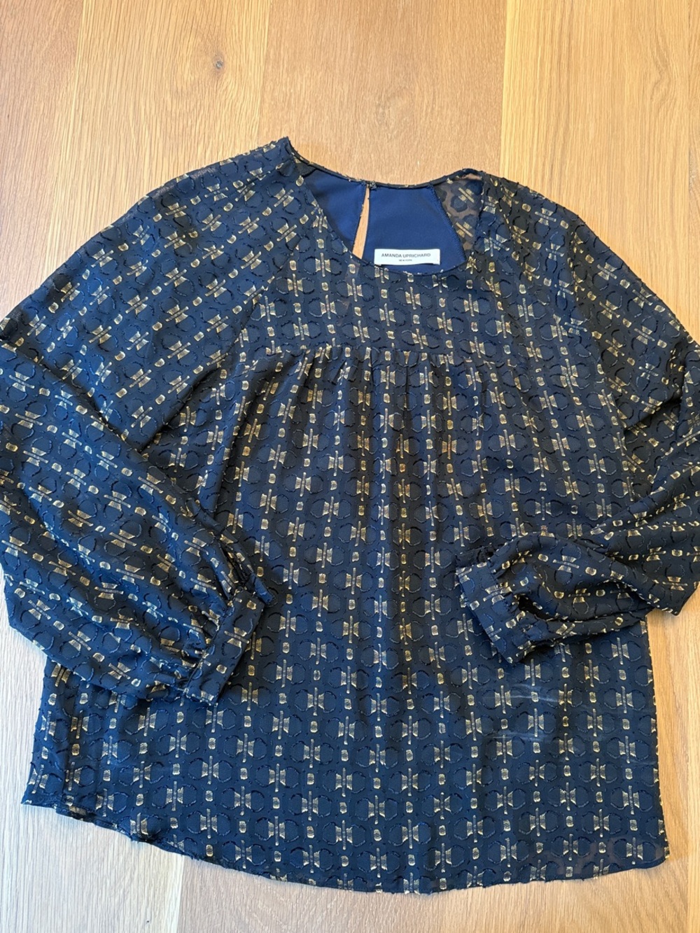 Amanda Uprichard Navy and Gold Long-Sleeve Women’s Blouse